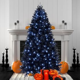 8ft Black Christmas Tree with 600 White LED Lights, 2486 Tips PE+PVC Artificial Tree for Halloween & Holiday Decor