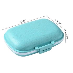 Mini Portable 8 Grids Pill Box Travel Medicine Organizer Container Wheat Sealed Tablets Storage Dispenser Box for Medicines (Color: Blue)