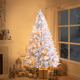 6FT Sliver Pre-Lit Artificial Christmas Tree, Hinged Full Tree with Metal Stand, 800 Branch Tips, 300 LED Lights,11 Lighting Modes (default: default title)