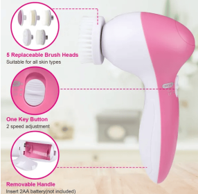 Facial Cleansing Brush Waterproof Face Spin Cleaning Brush With 5 Brush Heads (Color: Pink)